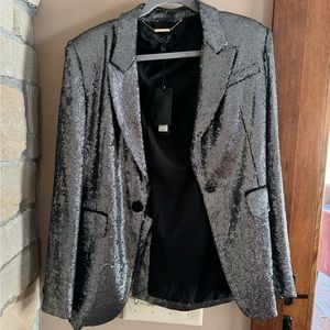 Rachel Zoe Sequin Gunmetal Silver Blazer Jacket with shoulder pads